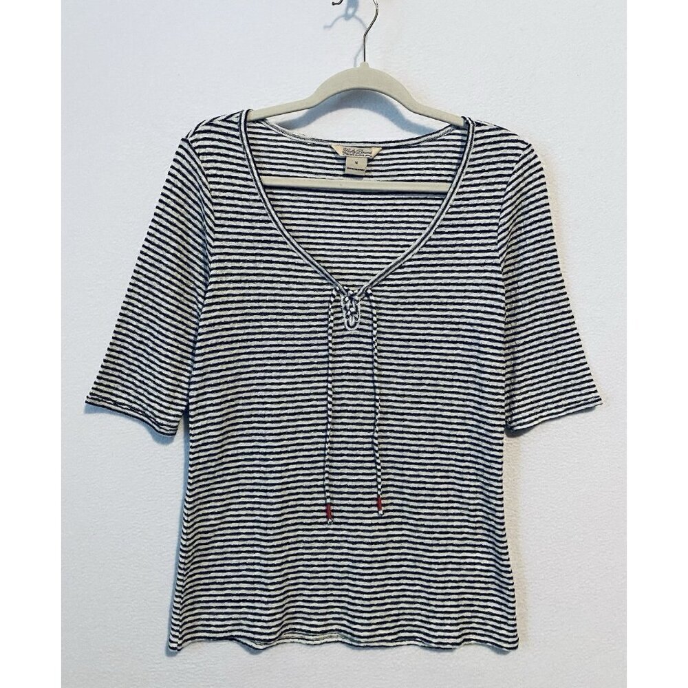 Lucky Brand Top Womens Medium Black Ivory Striped Terry Lace Up Nautical Beachy